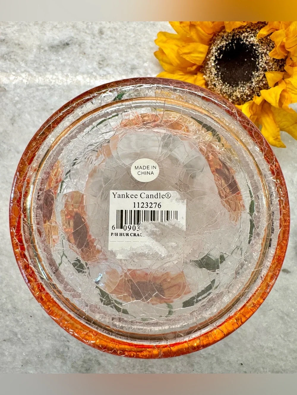 New Yankee Candle Summer Fall Sunflower Crackle Glass Hurricane Candle Holder 7”